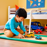 **

A child is happily playing on the floor of their bedroom with a variety of TAYO the Little Bus toys. The toys include TAYO and his friends Rogi, Lani, and Gani, as well as a TAYO bus garage playset. The room is brightly lit and decorated in a child-friendly way. The focus is on the joy and imagination of the child at play, using the toys to create their own stories and adventures. The scene should look relatable to a German child's bedroom.

**