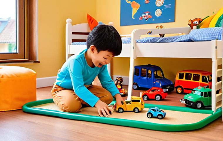 **
A child is happily playing on the floor of their bedroom with a variety of TAYO the Little Bus toys. The toys include TAYO and his friends Rogi, Lani, and Gani, as well as a TAYO bus garage playset. The room is brightly lit and decorated in a child-friendly way. The focus is on the joy and imagination of the child at play, using the toys to create their own stories and adventures. The scene should look relatable to a German child's bedroom.
**