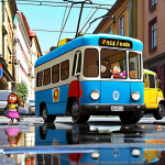 **

A colorful, animated scene of Tayo the little bus and his friends experiencing a minor mishap in a bustling city street. Focus on the humor – perhaps Tayo is comically stuck in a puddle after an unexpected detour, with other bus characters showing exaggerated expressions of amusement and concern. The background should feature typical German street elements like "verkehrsschilder" (traffic signs) and "strassenbahnen" (trams). Style: Pixar-esque, cheerful.

**