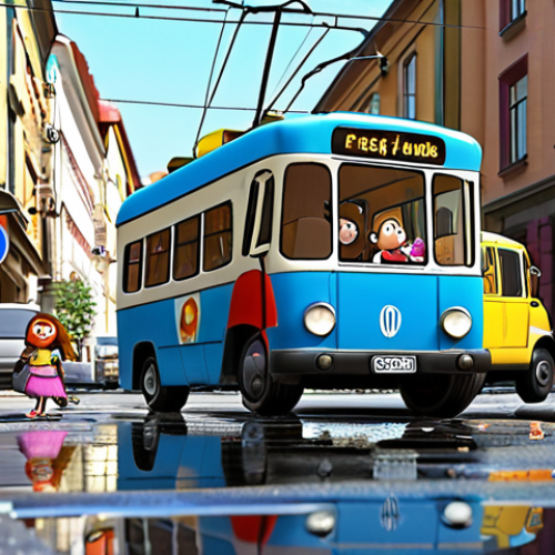 Home 22 **
A colorful, animated scene of Tayo the little bus and his friends experiencing a minor mishap in a bustling city street. Focus on the humor – perhaps Tayo is comically stuck in a puddle after an unexpected detour, with other bus characters showing exaggerated expressions of amusement and concern. The background should feature typical German street elements like "verkehrsschilder" (traffic signs) and "strassenbahnen" (trams). Style: Pixar-esque, cheerful.
**
