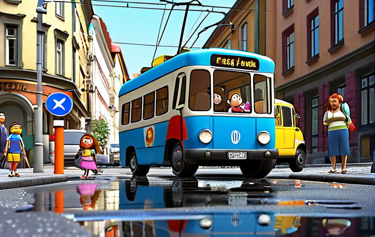 **
A colorful, animated scene of Tayo the little bus and his friends experiencing a minor mishap in a bustling city street. Focus on the humor – perhaps Tayo is comically stuck in a puddle after an unexpected detour, with other bus characters showing exaggerated expressions of amusement and concern. The background should feature typical German street elements like "verkehrsschilder" (traffic signs) and "strassenbahnen" (trams). Style: Pixar-esque, cheerful.
**