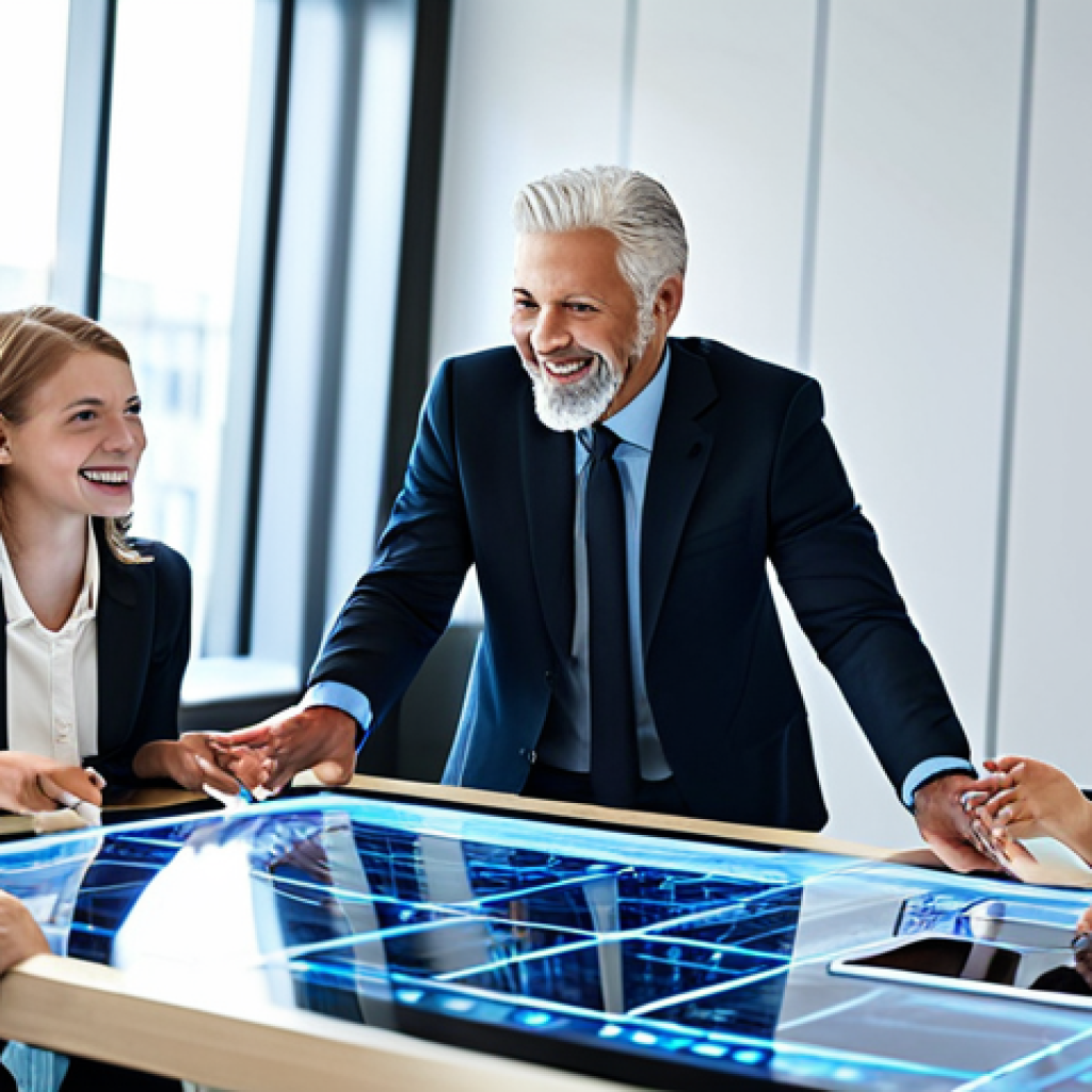 A diverse group of professional individuals, male and female, of varying ages, fully clothed in modern business casual attire, engaged in a collaborative discussion around a large, interactive digital table in a brightly lit, contemporary office space. They are smiling and actively listening to each other, demonstrating strong connection and teamwork. The atmosphere is warm and welcoming, reflecting a thriving online community. The background features blurred digital displays with subtle glowing lines, symbolizing a network. safe for work, appropriate content, fully clothed, professional, perfect anatomy, correct proportions, natural pose, well-formed hands, proper finger count, natural body proportions, high-quality digital photography.