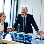 A diverse group of professional individuals, male and female, of varying ages, fully clothed in modern business casual attire, engaged in a collaborative discussion around a large, interactive digital table in a brightly lit, contemporary office space. They are smiling and actively listening to each other, demonstrating strong connection and teamwork. The atmosphere is warm and welcoming, reflecting a thriving online community. The background features blurred digital displays with subtle glowing lines, symbolizing a network. safe for work, appropriate content, fully clothed, professional, perfect anatomy, correct proportions, natural pose, well-formed hands, proper finger count, natural body proportions, high-quality digital photography.