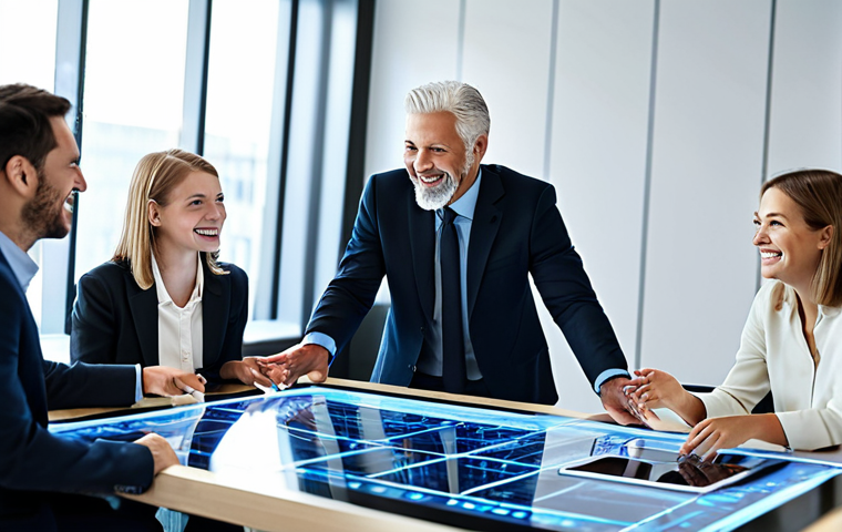 A diverse group of professional individuals, male and female, of varying ages, fully clothed in modern business casual attire, engaged in a collaborative discussion around a large, interactive digital table in a brightly lit, contemporary office space. They are smiling and actively listening to each other, demonstrating strong connection and teamwork. The atmosphere is warm and welcoming, reflecting a thriving online community. The background features blurred digital displays with subtle glowing lines, symbolizing a network. safe for work, appropriate content, fully clothed, professional, perfect anatomy, correct proportions, natural pose, well-formed hands, proper finger count, natural body proportions, high-quality digital photography.