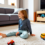 A cheerful young German child in comfortable, modest casual wear, sitting on a soft rug in a bright, modern German living room. The child is happily looking at a tablet displaying a vibrant animated scene of friendly anthropomorphic vehicle characters. Scattered neatly on the rug nearby are various family-friendly toy vehicles and plush animals. The scene is depicted with natural, warm lighting, in a professional, high-quality photography style. fully clothed, modest clothing, appropriate attire, family-friendly, safe for work, perfect anatomy, correct proportions, natural pose, well-formed hands, proper finger count, natural body proportions, appropriate content.