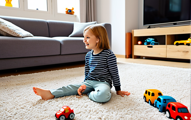 A cheerful young German child in comfortable, modest casual wear, sitting on a soft rug in a bright, modern German living room. The child is happily looking at a tablet displaying a vibrant animated scene of friendly anthropomorphic vehicle characters. Scattered neatly on the rug nearby are various family-friendly toy vehicles and plush animals. The scene is depicted with natural, warm lighting, in a professional, high-quality photography style. fully clothed, modest clothing, appropriate attire, family-friendly, safe for work, perfect anatomy, correct proportions, natural pose, well-formed hands, proper finger count, natural body proportions, appropriate content.
