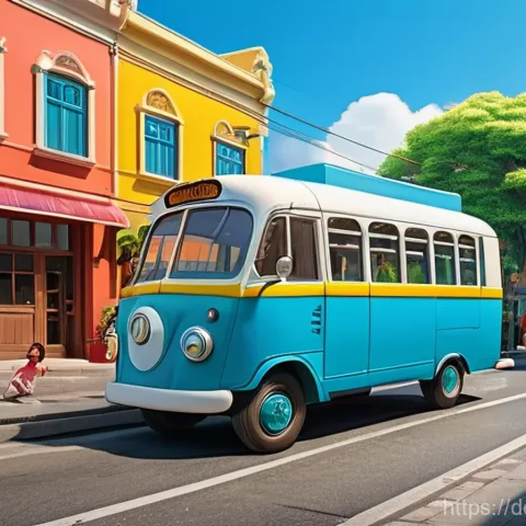 타요의 시장 점유율 - **Prompt:** Four friendly, anthropomorphic buses (Tayo, the curious blue bus; Lani, the cheerful yel...
