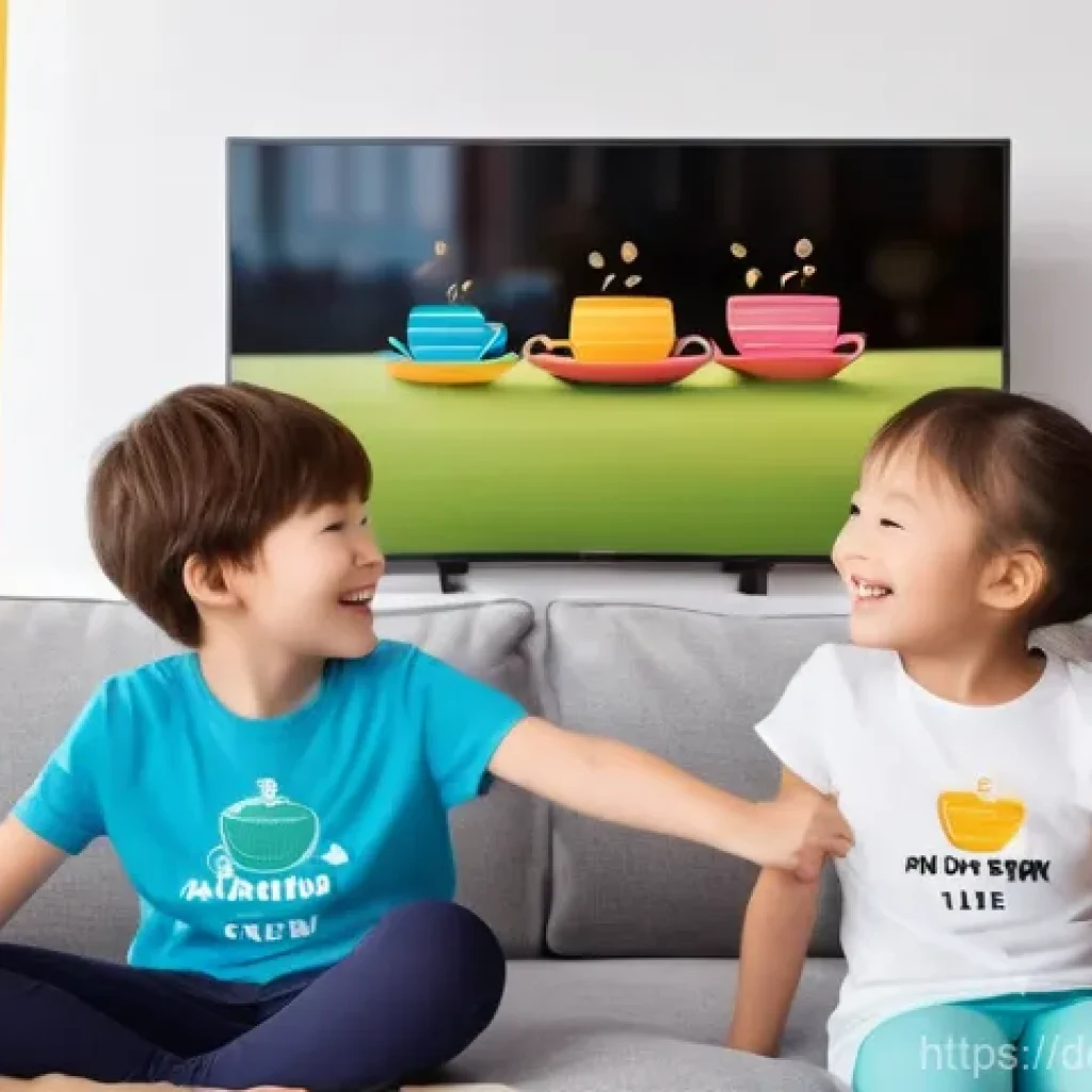 타요 온라인 콘서트 - **Prompt:** A cozy and brightly lit living room scene. Two young children, a girl aged 6 and a boy a...