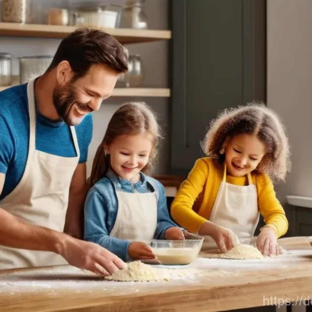 타요와 가족 콘텐츠 제작 - "A bustling family kitchen scene featuring two parents and their two children (a boy, approximately ...