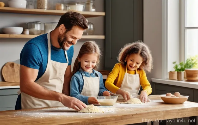 타요와 가족 콘텐츠 제작 - "A bustling family kitchen scene featuring two parents and their two children (a boy, approximately ...