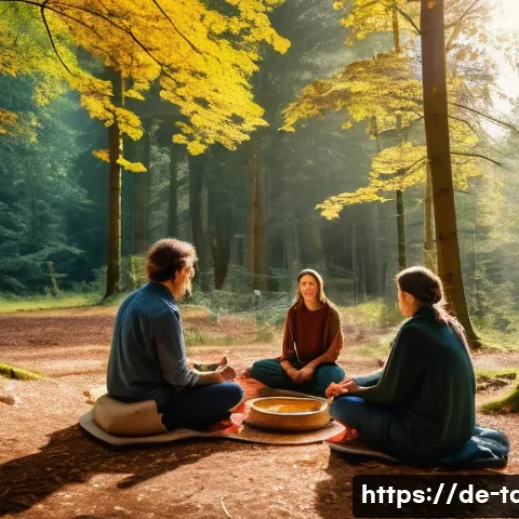 타요의 전통적 가르침 - A serene community gathering in a lush German forest clearing during early autumn, with diverse adul...