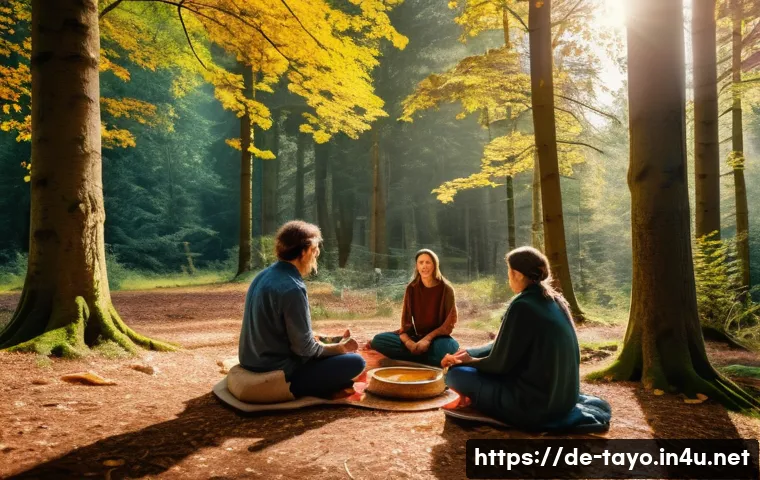 타요의 전통적 가르침 - A serene community gathering in a lush German forest clearing during early autumn, with diverse adul...
