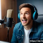 타요 성우진 - A vibrant recording studio scene featuring a professional adult voice actor sitting in front of a hi...