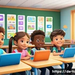 타요의 유익한 콘텐츠 - A vibrant classroom scene with diverse young children aged around 5-7, engaging with colorful multim...