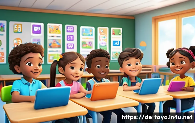 타요의 유익한 콘텐츠 - A vibrant classroom scene with diverse young children aged around 5-7, engaging with colorful multim...