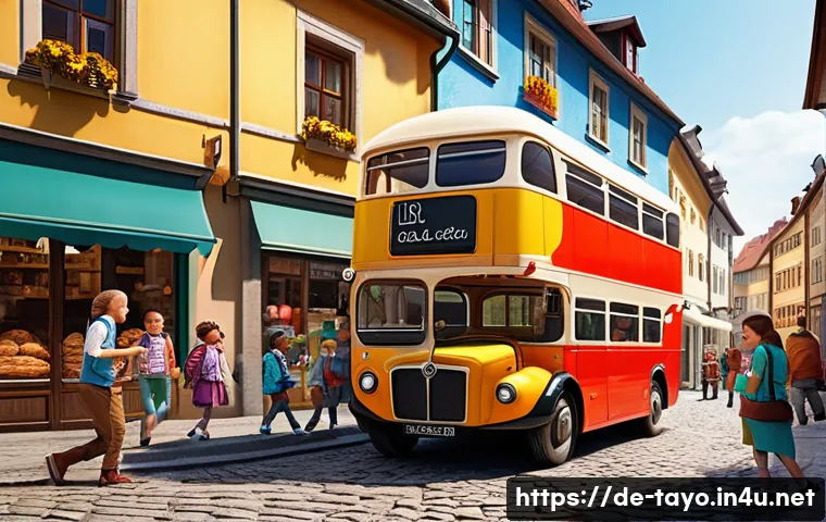 타요의 교육적 스토리 - A vibrant, cheerful scene showing a group of colorful, anthropomorphic little buses with friendly fa...