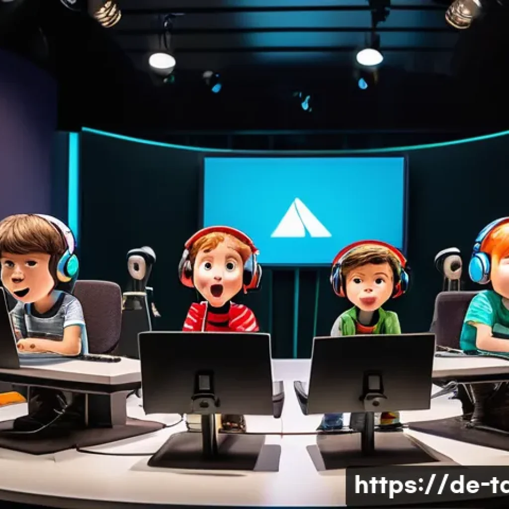 타요 시즌별 성우 인터뷰 - A bright, modern recording studio scene showing diverse voice actors in casual clothing and headphon...