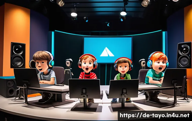 타요 시즌별 성우 인터뷰 - A bright, modern recording studio scene showing diverse voice actors in casual clothing and headphon...