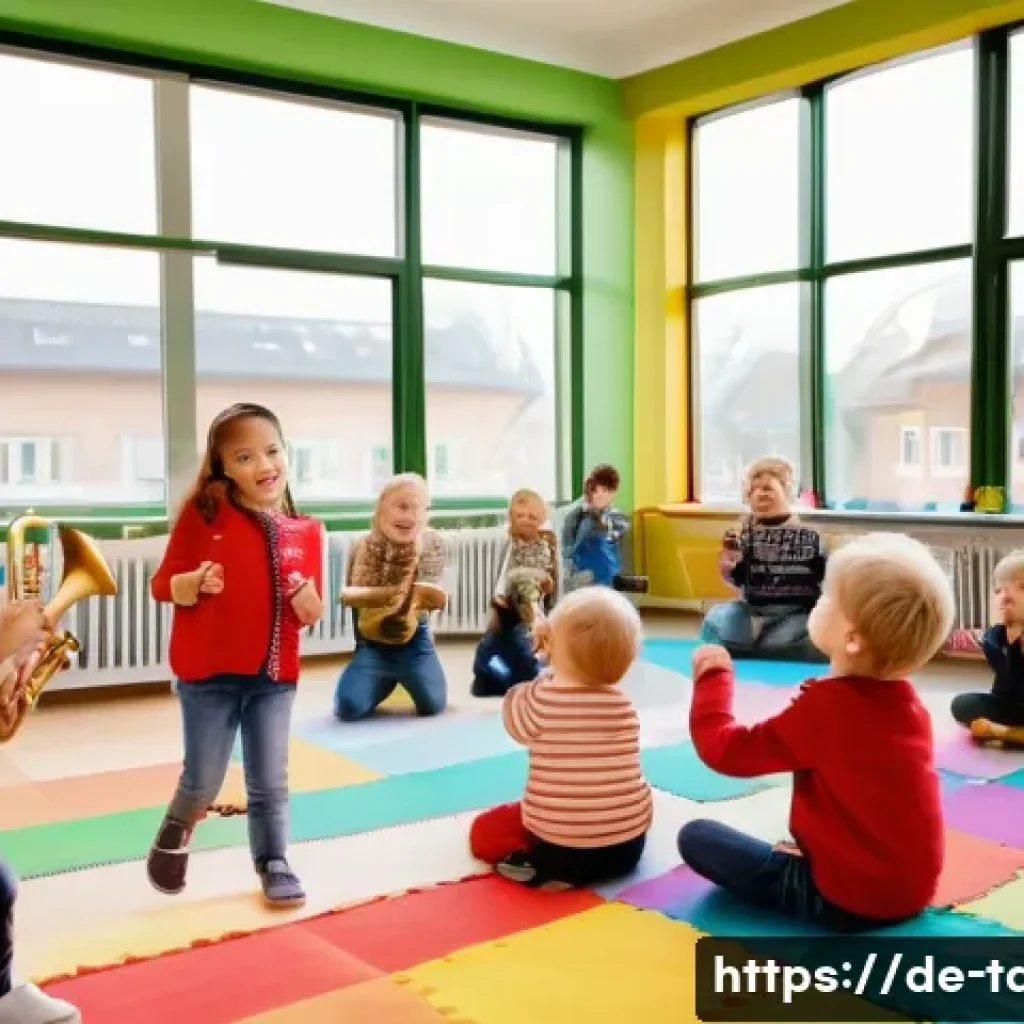 타요의 음악적 특징 - A vibrant children&rsquo;s music workshop scene set in a modern German kindergarten classroom, featuring d...