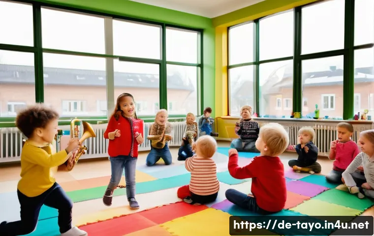 타요의 음악적 특징 - A vibrant children&rsquo;s music workshop scene set in a modern German kindergarten classroom, featuring d...