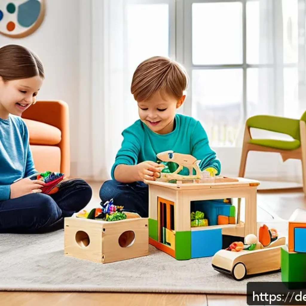 타요의 상품 홍보 사례 - A cozy, modern family living room scene featuring children playing with sustainably made toys from F...