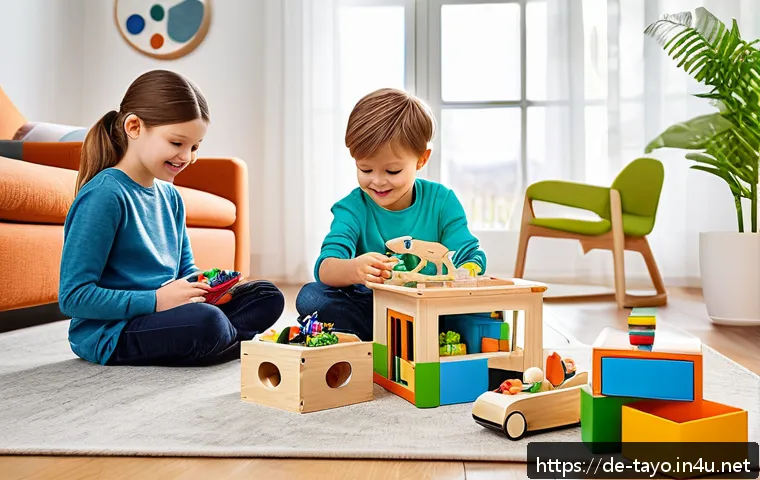 타요의 상품 홍보 사례 - A cozy, modern family living room scene featuring children playing with sustainably made toys from F...