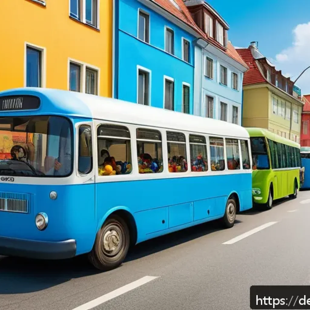 타요 에피소드 분석 - A colorful and lively scene featuring anthropomorphic buses and vehicles with friendly faces, illust...