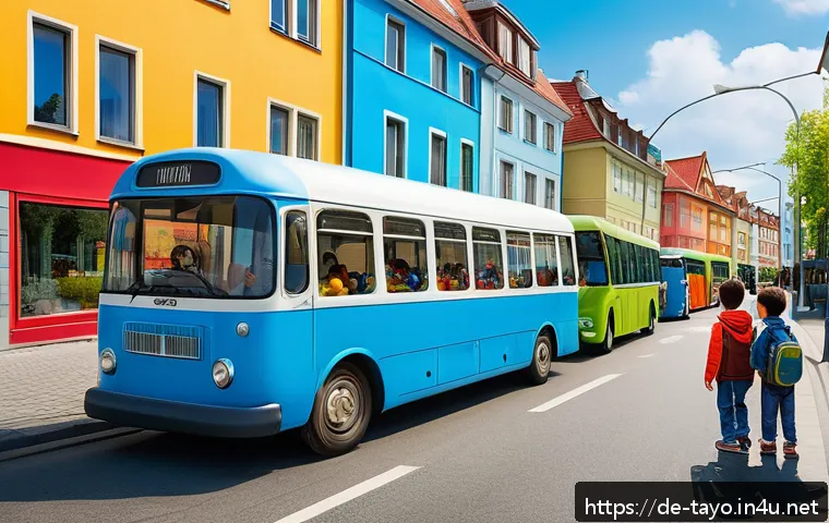 타요 에피소드 분석 - A colorful and lively scene featuring anthropomorphic buses and vehicles with friendly faces, illust...