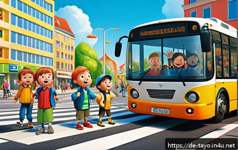 타요 애니메이션의 특별함 - A vibrant and colorful animated scene showing a diverse group of friendly cartoon bus characters in ...