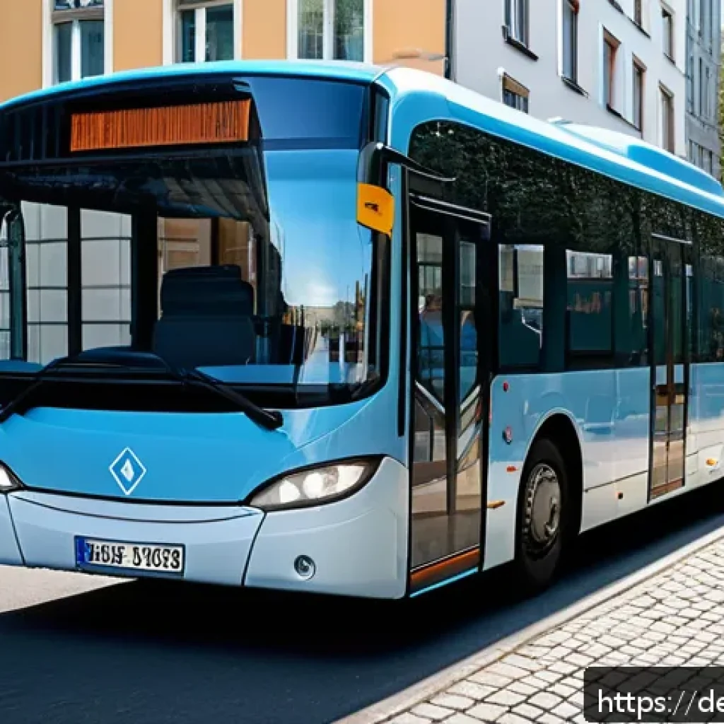 타요 버스의 색상 의미 - A modern German city bus painted in calming soft blue hues symbolizing trust and reliability, drivin...