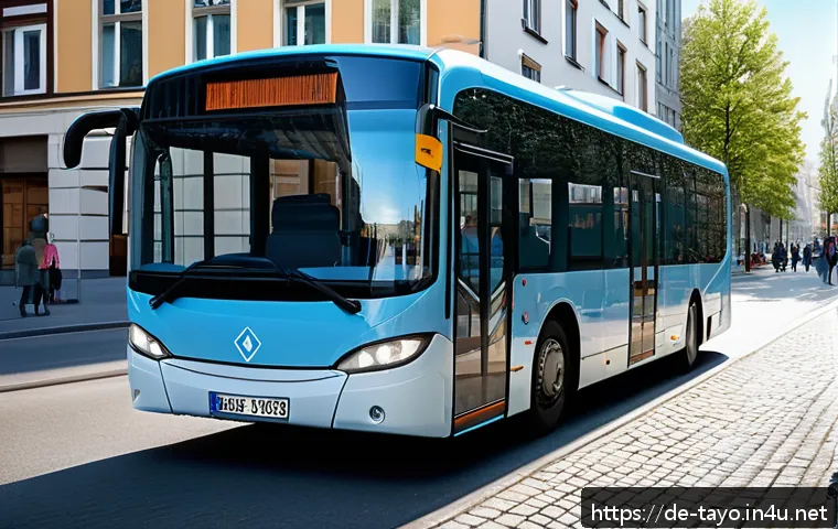 타요 버스의 색상 의미 - A modern German city bus painted in calming soft blue hues symbolizing trust and reliability, drivin...