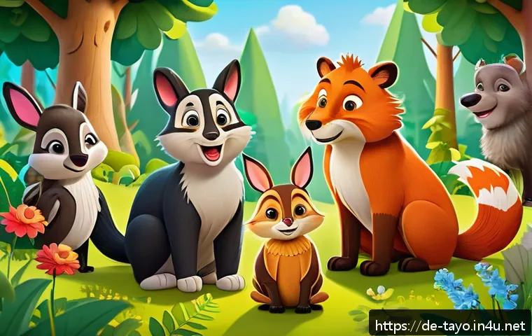 타요 비슷한 애니메이션 - A vibrant and colorful animated forest scene featuring diverse, friendly animal characters engaging ...