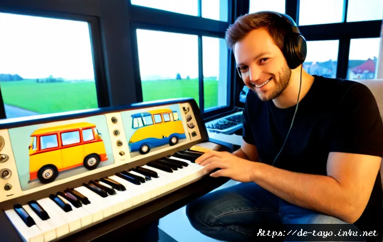 타요 테마곡 제작 과정 - Photorealistic music production studio in Germany, a cheerful adult composer wearing headphones crea...