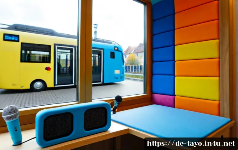 타요 녹음 스튜디오 - Photorealistic children’s voice recording studio in Germany, cheerful blue city-bus-shaped play prop...