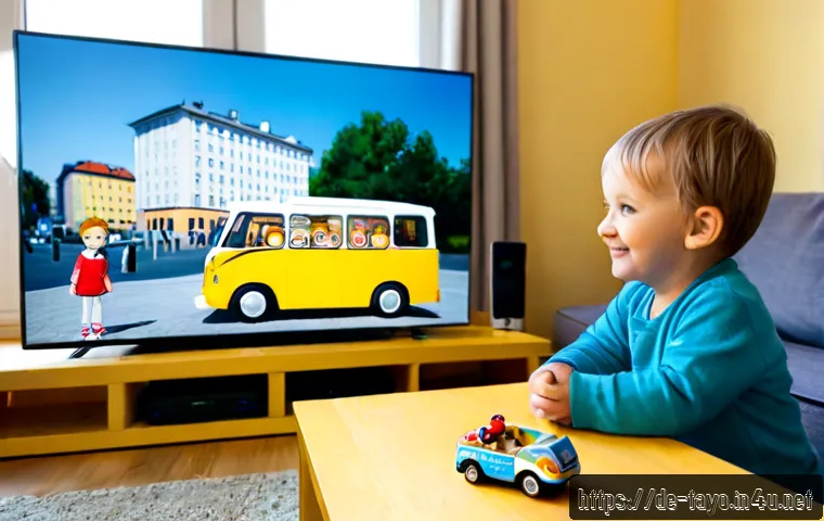 타요의 에피소드 베스트 5 - Photorealistic cozy German family living room, a smiling young child and parent sitting on a sofa wa...