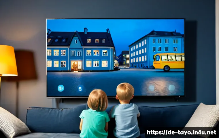 타요 영어 더빙 버전 - Photorealistic cozy German family living room, a cheerful young child and parent watching a colorful...
