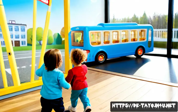 타요 관련 키즈 교육 - Photorealistic bright German kindergarten classroom, a friendly blue cartoon-style city bus toy with...