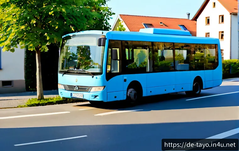 Home 17 타요와 관련된 에피소드 추천 - Photorealistic cheerful small blue city bus with friendly rounded features driving through a clean G...